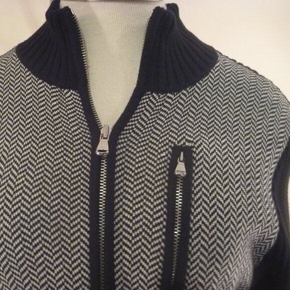 Lauren Women M Herringbone Black White Sweater Cardigan Zip Ribbed Colorblock - Picture 1 of 16